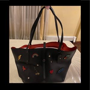 Black Leather Coach Souvenir Embroidery Tote